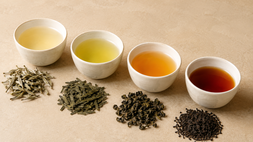 différents types de thés ; thé blanc, thé vert, thé noir, thé oolong