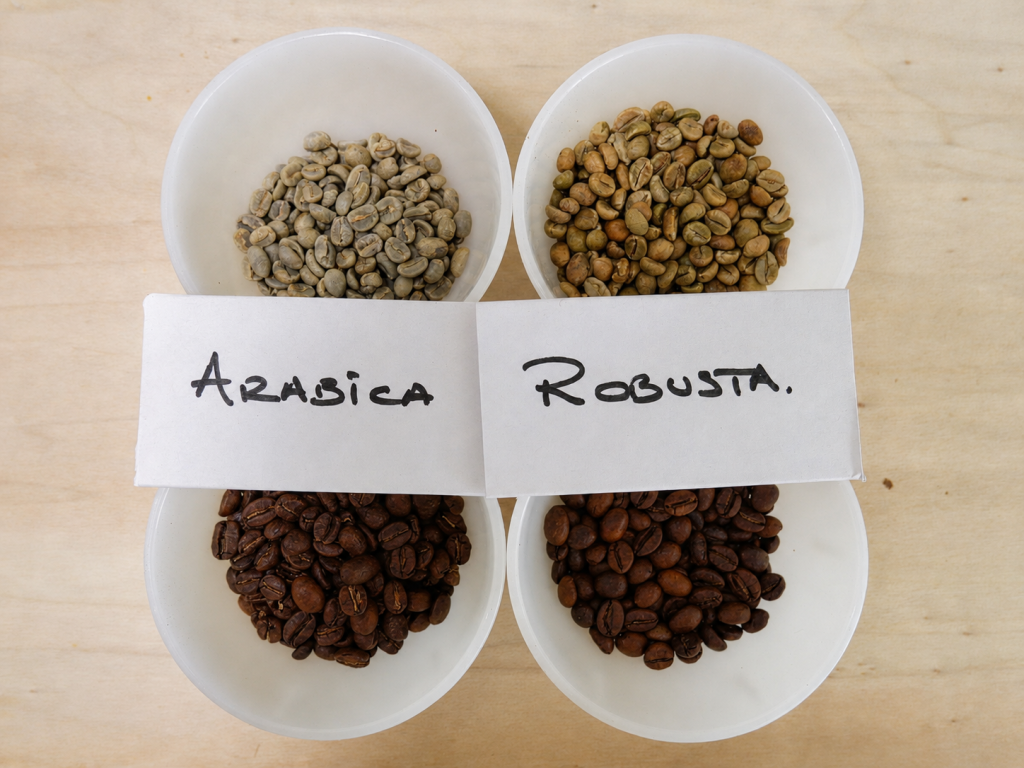 Comparaison de grains de café Arabica et Robusta verts et torréfiés