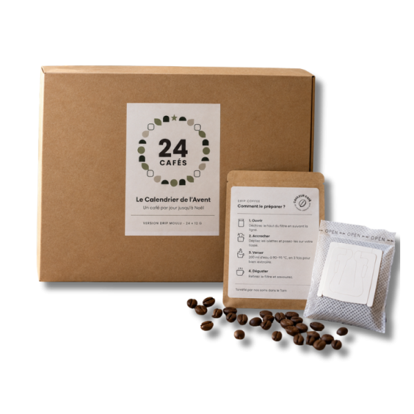 Calendrier de l’Avent café de spécialité Couleur Café 2026 avec 24 drip coffee bags ou café en grain.